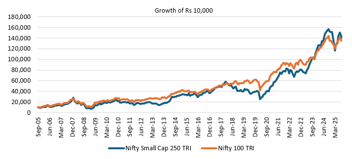 Small cap stocks have the potential of outperforming large cap stocks in the long term (see the chart below)