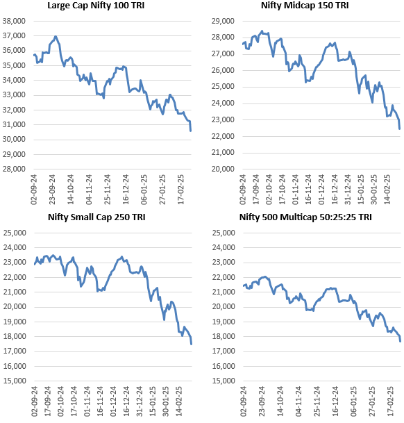 All market cap segments have experienced deep corrections with small caps falling by 20% in the first two months of CY 2025 All market cap segments have experienced deep corrections with small caps falling by 20% in the first two months of CY 2025