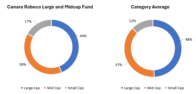 The fund has slightly higher allocations to midcap and slightly lower allocations to large caps compared to the category average