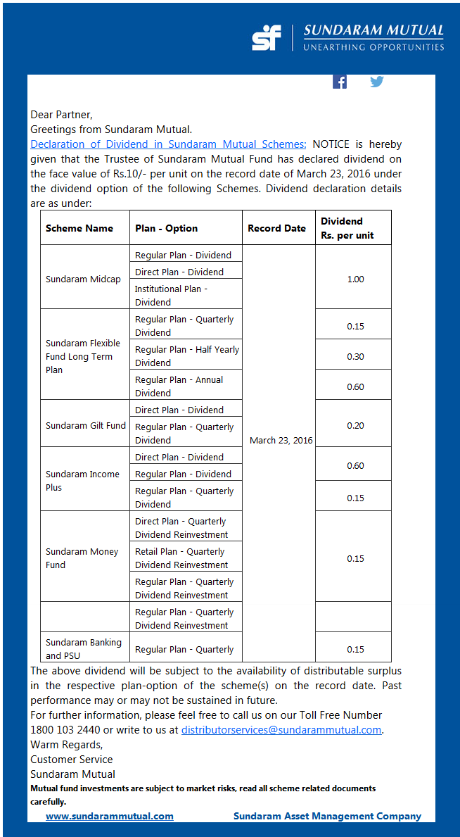 Declaration of Dividend in Sundaram Mutual Fund