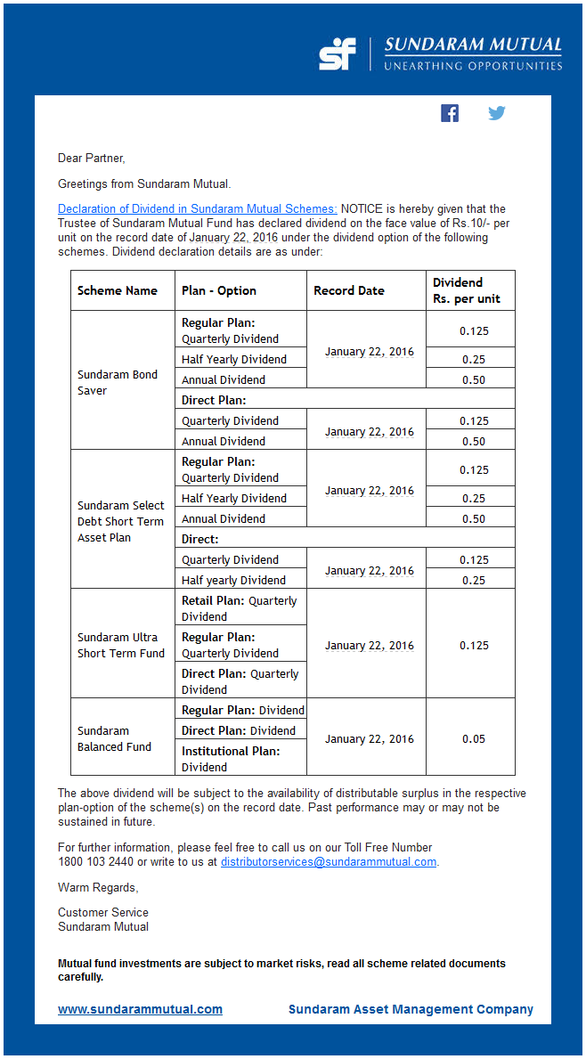 Dividend Declared in Sundaram Mutual Schemes