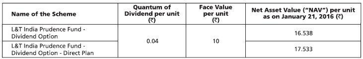 Declaration of dividend - L&T India Prudence Fund Declaration of dividend - L&T India Prudence Fund