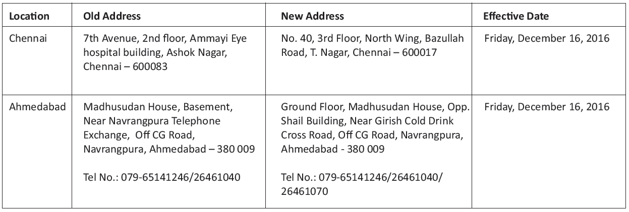Relocation of Investor Service Centres Relocation of Investor Service Centres