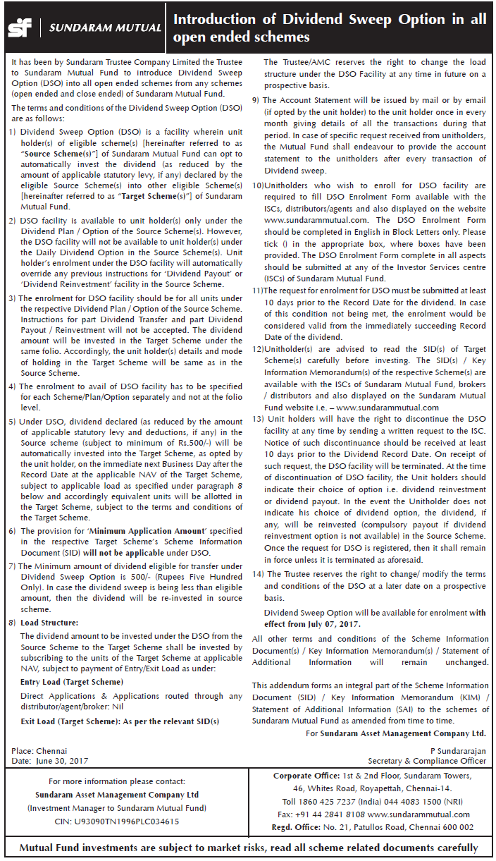 Dividend Sweep Option in all open ended schemes