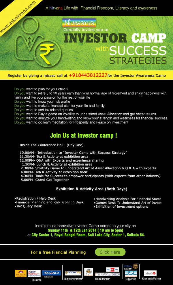 Nirvana to organize INVESTOR CAMP WITH SUCCESS STRATEGIES both for advisors and investors in 24 cities Nirvana to organize INVESTOR CAMP WITH SUCCESS STRATEGIES both for advisors and investors in 24 cities